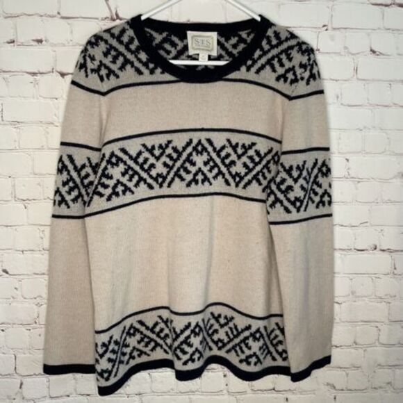 Sail to Sable Women Size XL‎ cashmere/wool sweater Crew neck Cream/ navy Tribal - Picture 1 of 7